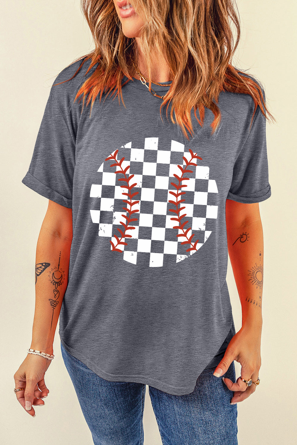 Gray Vintage Checkered Baseball Graphic Tee - Aaria Tees Aaria Tees