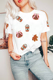 White Sequined Pumpkin Fall Graphic Casual Shift T Shirt Aaria Tees