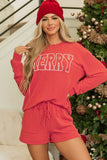 Black Corded MERRY Graphic Long Sleeve Top and Shorts Set - Aaria Tees Aaria Tees