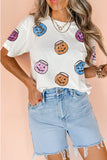 White Sequin Pumpkin Face Patched Crew Neck Holiday T Shirt Aaria Tees