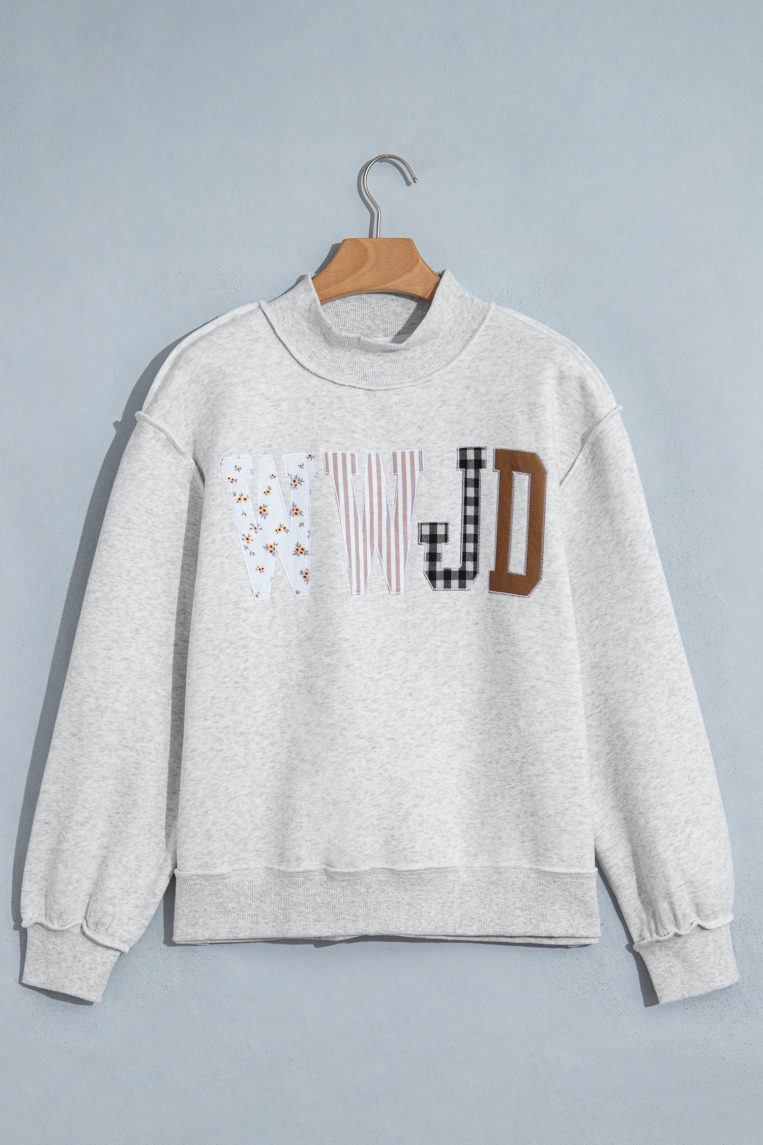 Gray WWJD Mixed Pattern Embroidered Patch Graphic Mock Neck Sweatshirt - Aaria Tees Aaria Tees