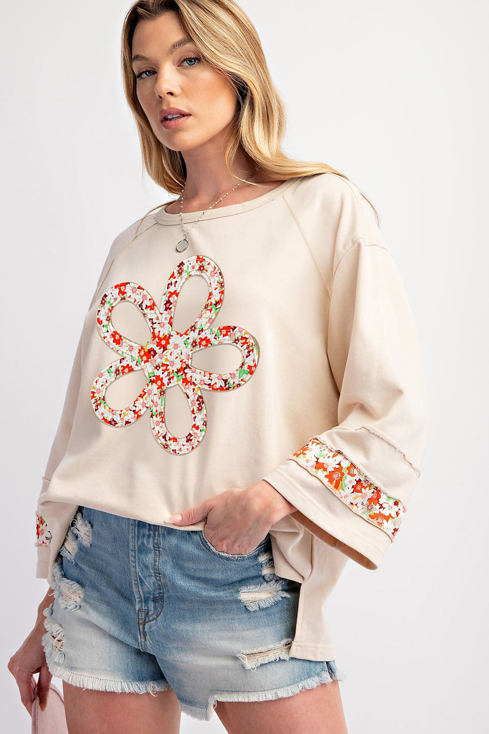 Beige Flower Patch Graphic Exposed Seam Wide Sleeve Top - Aaria Tees Aaria Tees