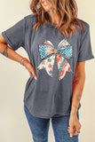 Gray US Flag Bow Print Round Neck Loose T Shirt Aaria Tees