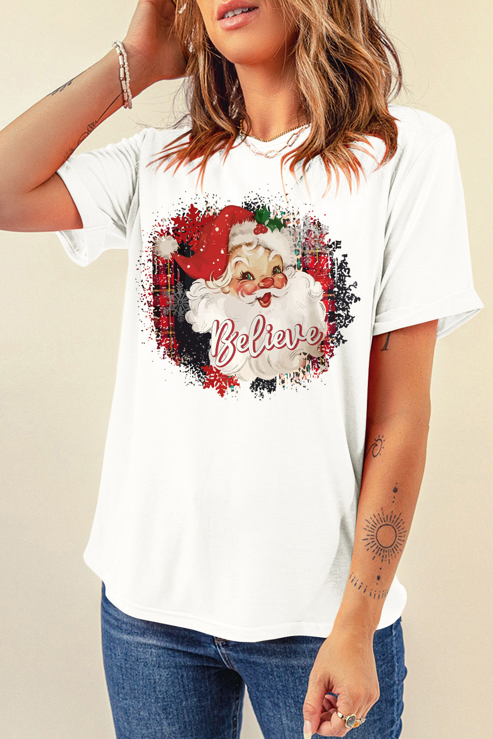 White Believe Christmas Father Graphic Crewneck T Shirt - Aaria Tees Aaria Tees