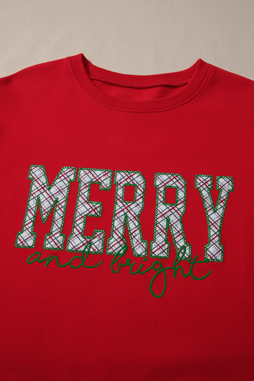 Fiery Red Merry and Bright Plaid Embroidered Letter Graphic Sequin Bow Decor Christmas Sweatshirt - Aaria Tees Aaria Tees