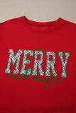 Fiery Red Merry and Bright Plaid Embroidered Letter Graphic Sequin Bow Decor Christmas Sweatshirt - Aaria Tees Aaria Tees