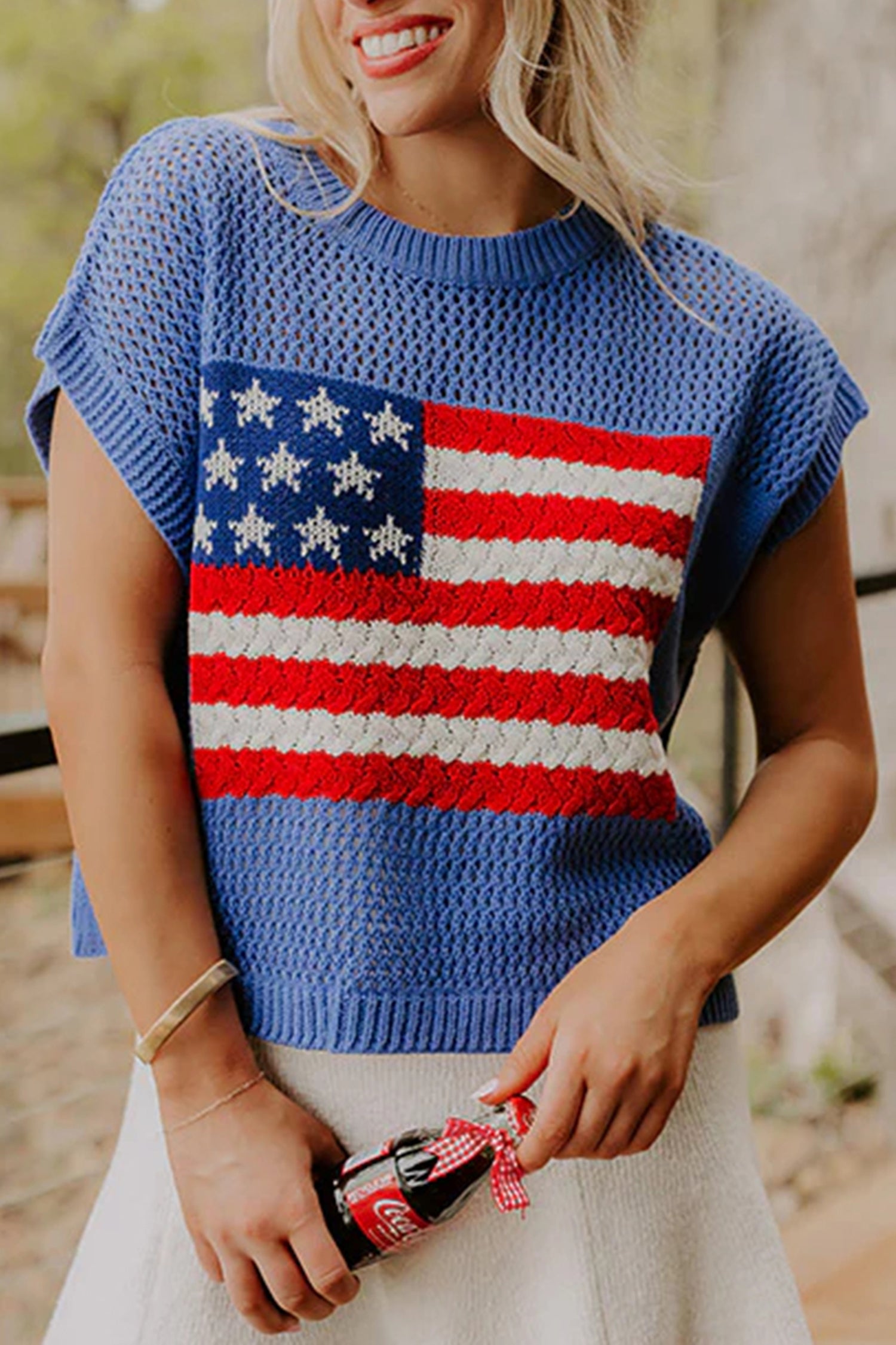 Sky Blue Flag Graphic Short Sleeve Sweater Top - Aaria Tees Aaria Tees