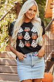 Black Halloween Ghost Pumpkin Print Crew Neck T Shirt - Aaria Tees Aaria Tees