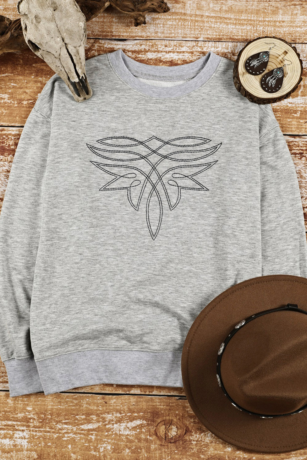 Gray Western Pattern Embroidered Drop Shoulder Pullover Top - Aaria Tees Aaria Tees