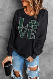 Black Rhinestone LOVE Clover Graphic St Patricks Pullover Sweatshirt Aaria Tees