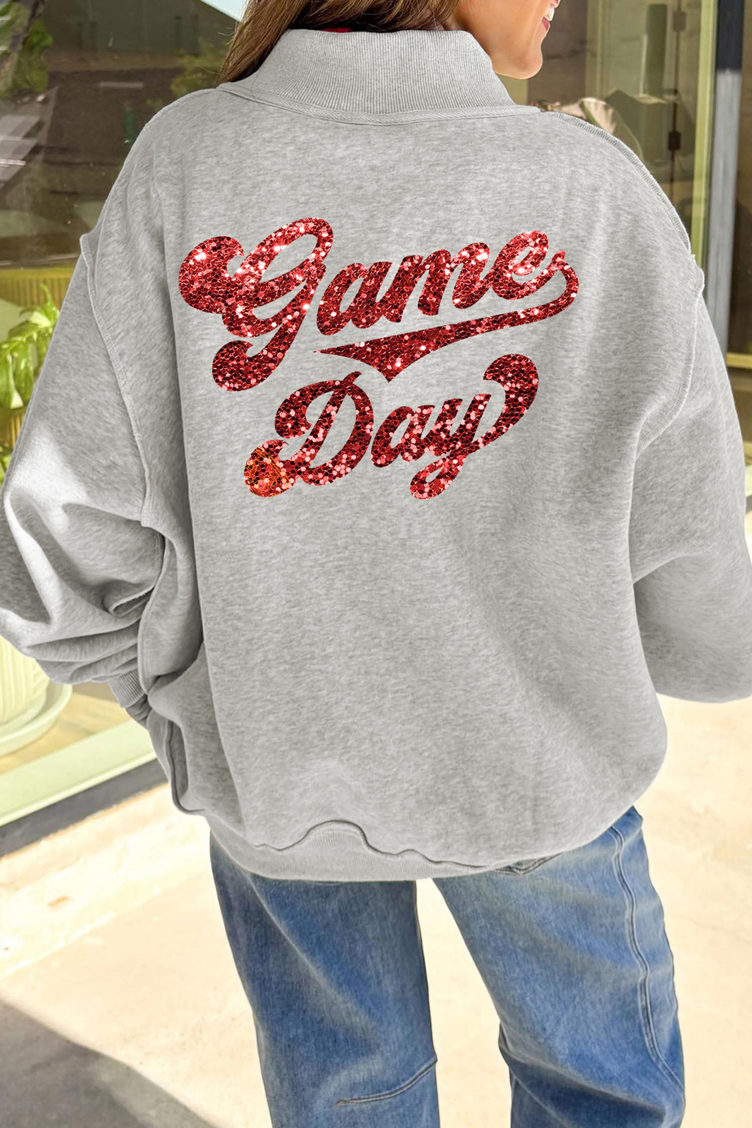 Light Grey Football Patch Sequin Game Day Lettering Mock Neck Tunic Sweatshirt - Aaria Tees Aaria Tees