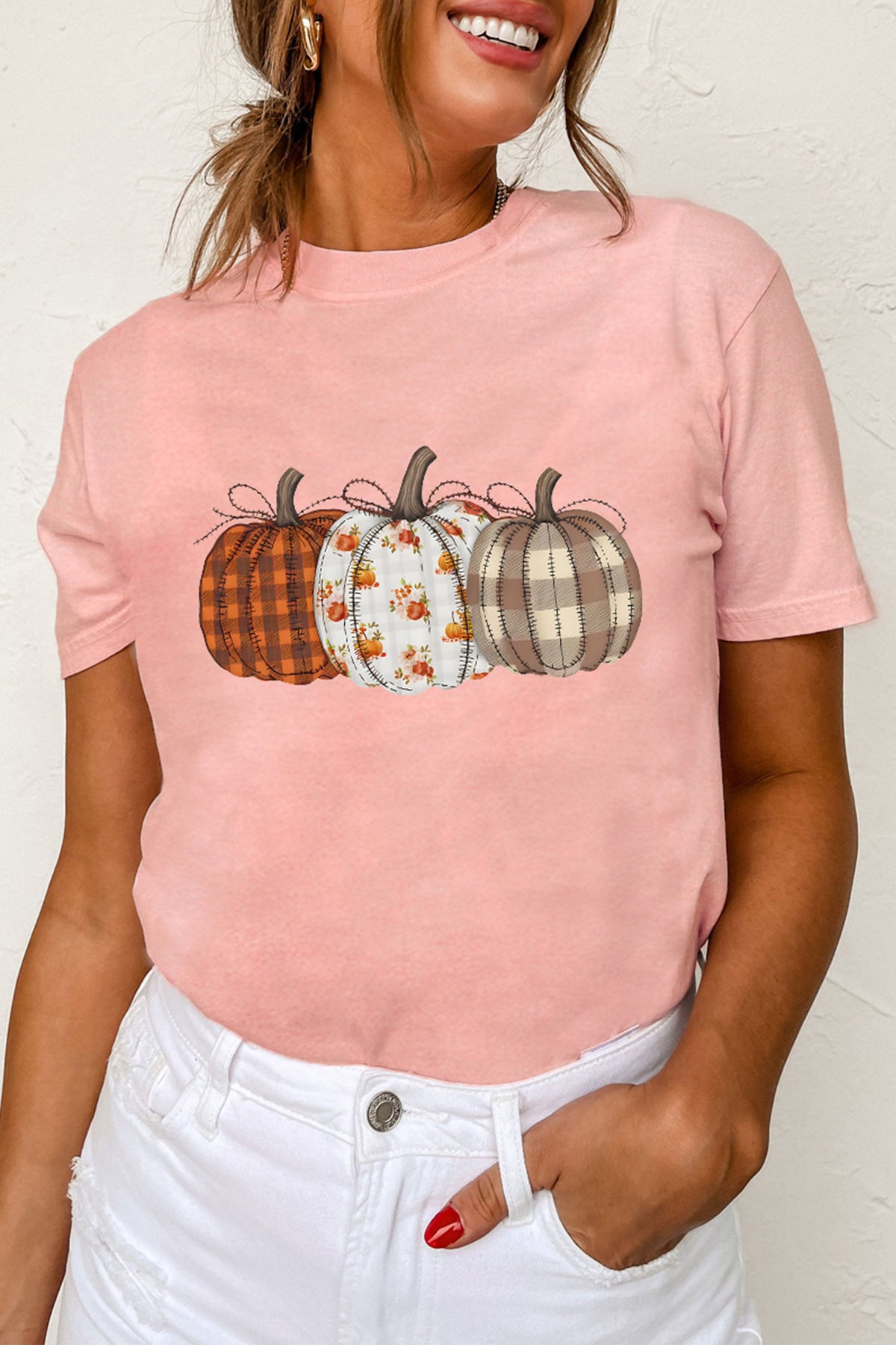 Pink Mix Pattern Pumpkin Print Round Neck T Shirt - Aaria Tees