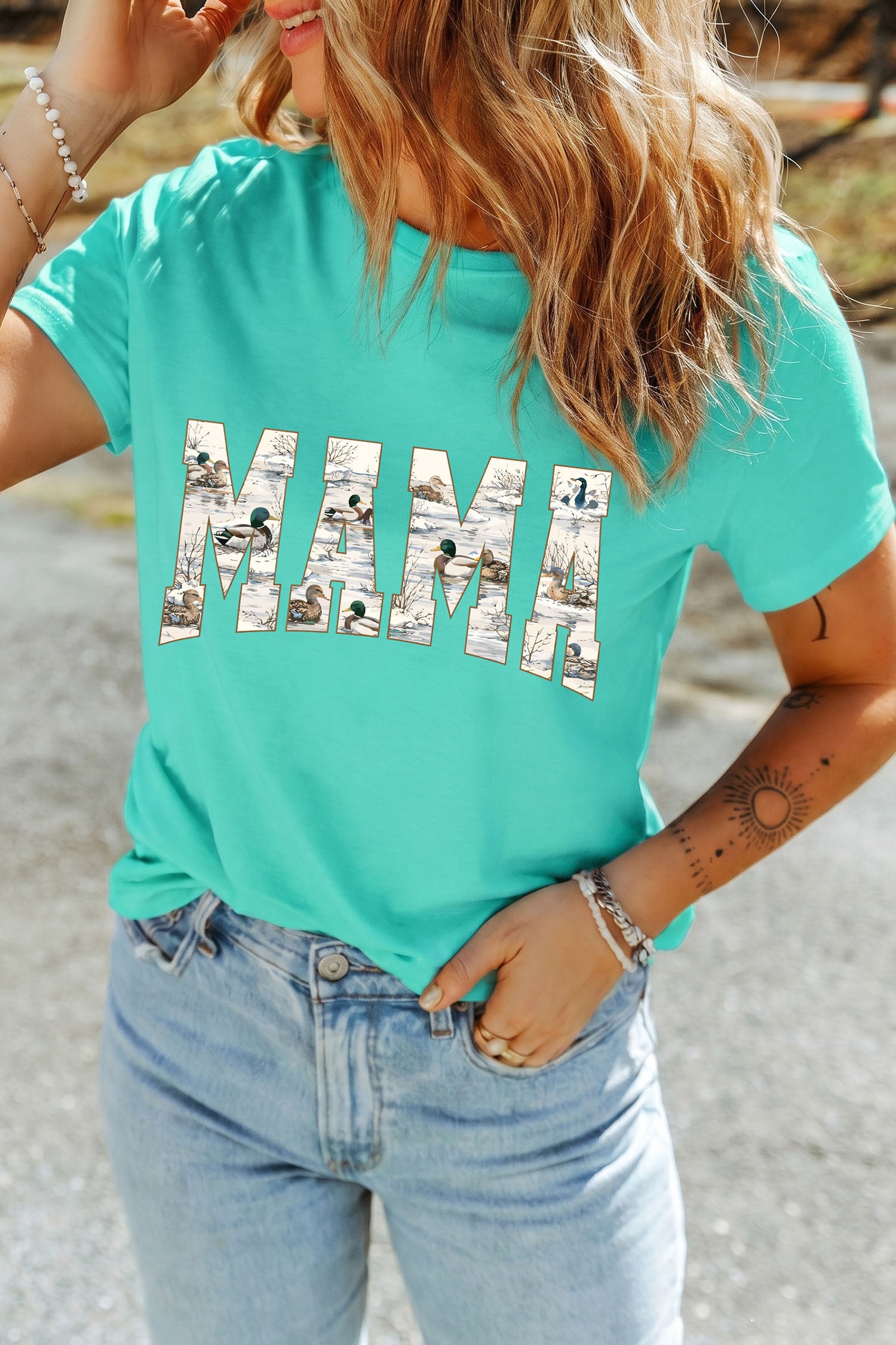 Mint Green Mallard Duck Print MAMA Lettering Graphic T Shirt - Aaria Tees Aaria Tees