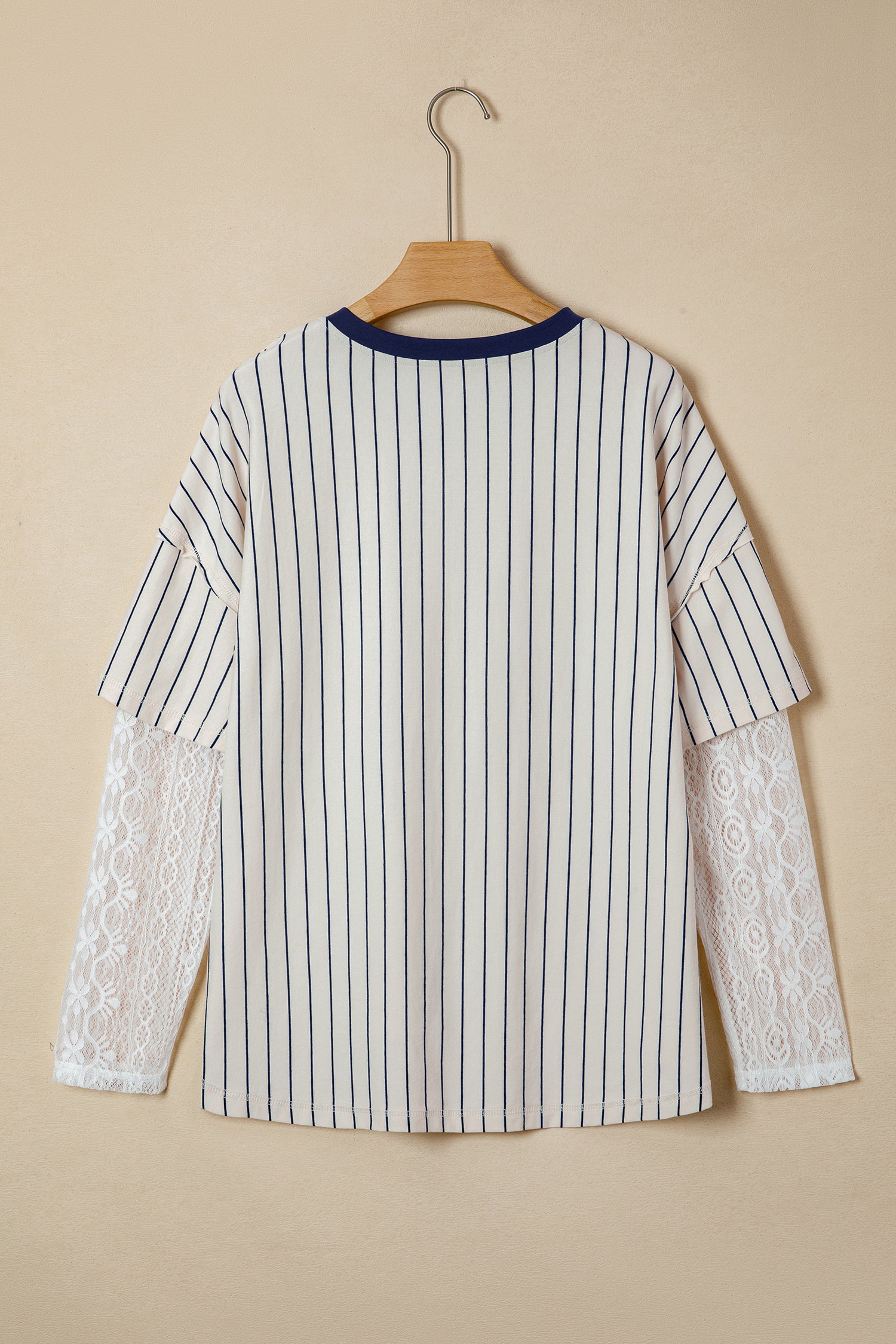 Blue Stripe 88 LOS ANGEL Graphic Lace Patchwork Faux Two Piece V Neck Top - Aaria Tees Aaria Tees