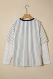 Blue Stripe 88 LOS ANGEL Graphic Lace Patchwork Faux Two Piece V Neck Top - Aaria Tees Aaria Tees