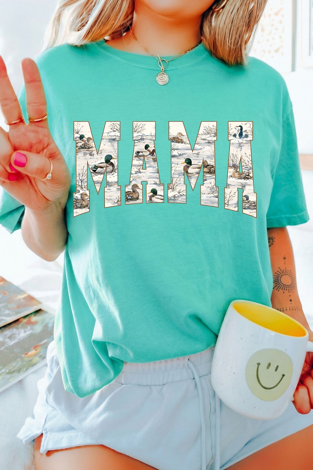 Mint Green Mallard Duck Print MAMA Lettering Graphic T Shirt - Aaria Tees