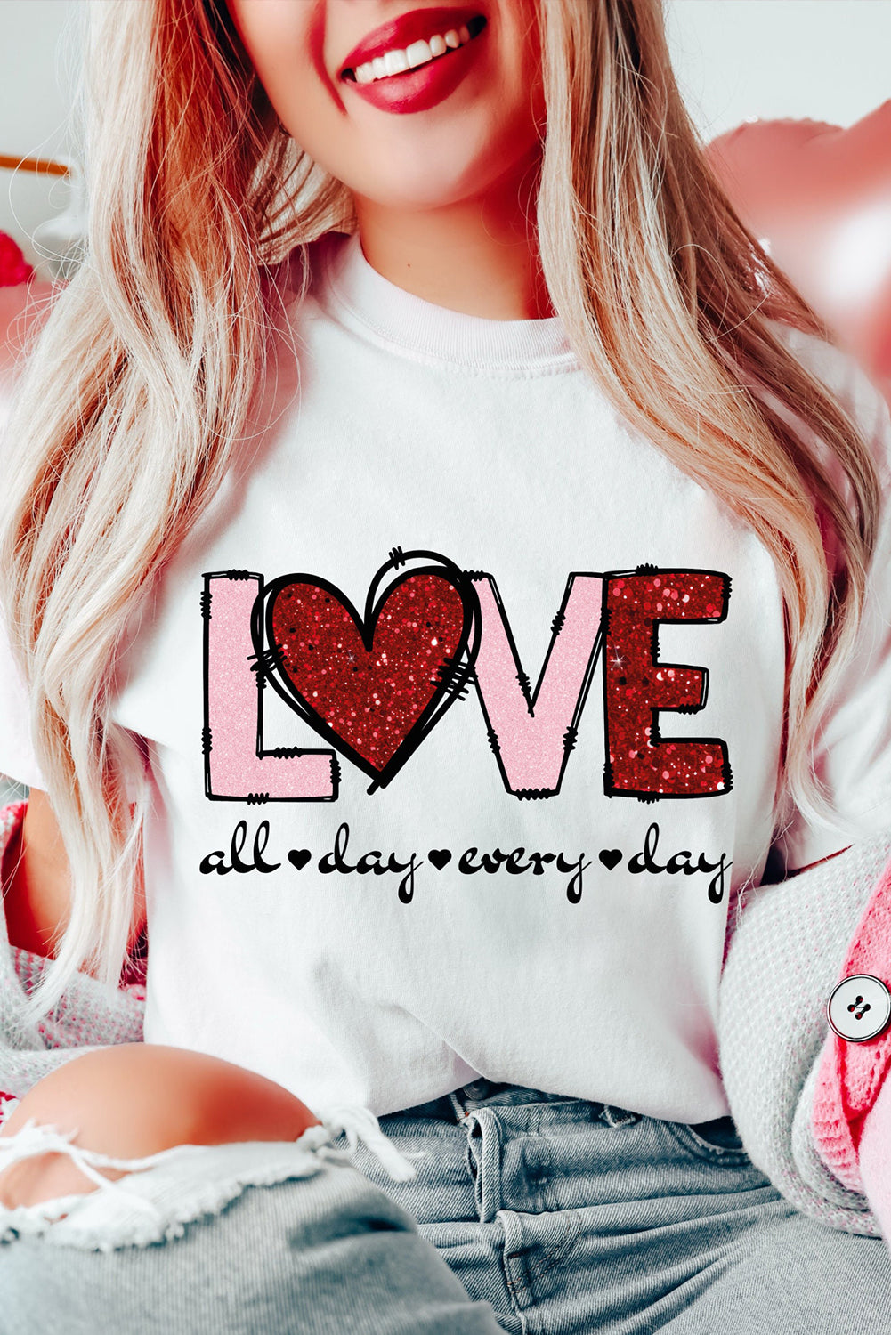 White Valentine LOVE Heart Shape Crew Neck Graphic Tee - Aaria Tees Aaria Tees