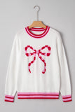 White Striped Trim Bow Graphic Round Neck Drop Shoulder Sweater Aaria Tees