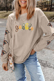 Smoke Gray Corded Ribbed Thanksgiving Turkey Sequin Patched Sleeve gobble Baggy Sweatshirt Aaria Tees