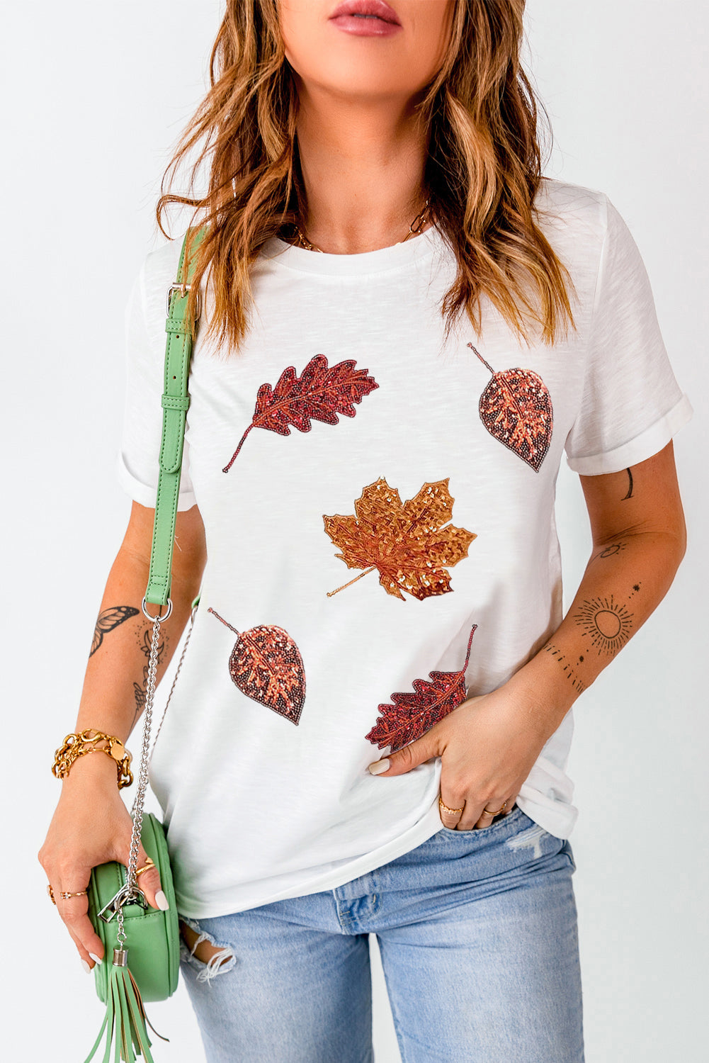 White Halloween Sequined Leaves Graphic Crew Neck T Shirt - Aaria Tees Aaria Tees