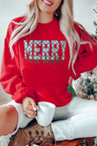 Fiery Red Merry and Bright Plaid Embroidered Letter Graphic Sequin Bow Decor Christmas Sweatshirt - Aaria Tees Aaria Tees