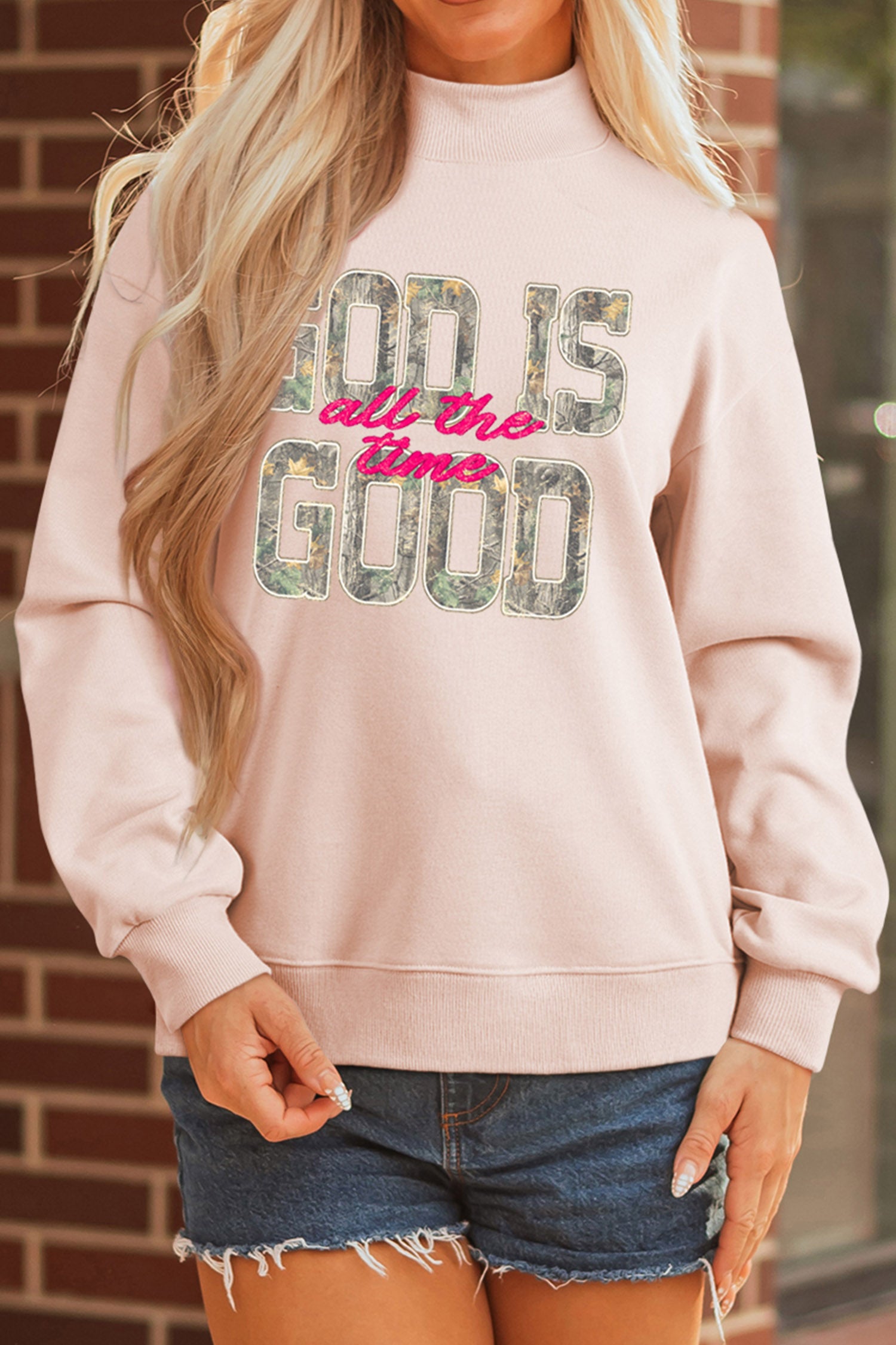 Apricot Pink Camo Print Letter Graphic Mock Neck Sweatshirt - Aaria Tees Aaria Tees