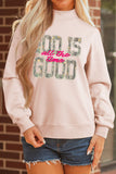 Apricot Pink Camo Print Letter Graphic Mock Neck Sweatshirt - Aaria Tees Aaria Tees