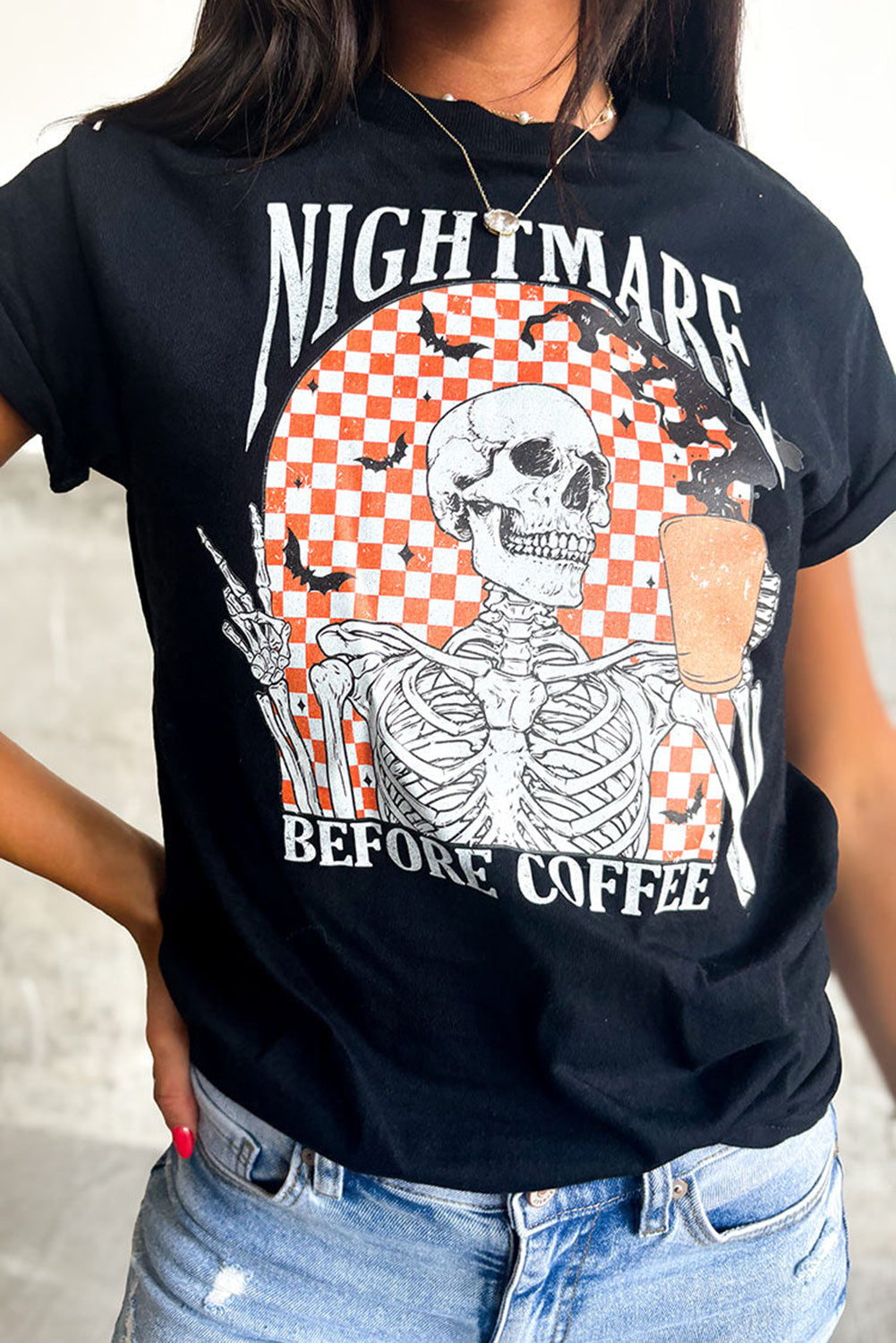 Black Nightmare Before Coffee Skull Checkerboard Graphic Halloween Tee - Aaria Tees Aaria Tees