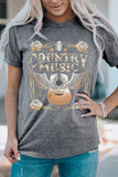 Gray COUNTRY MUSIC Guitar Graphic Print Crew Neck T Shirt - Aaria Tees Aaria Tees