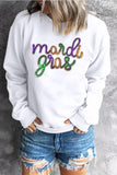 White Sequined mardi gras Graphic Crew Neck Drop Shoulder Sweatshirt Aaria Tees