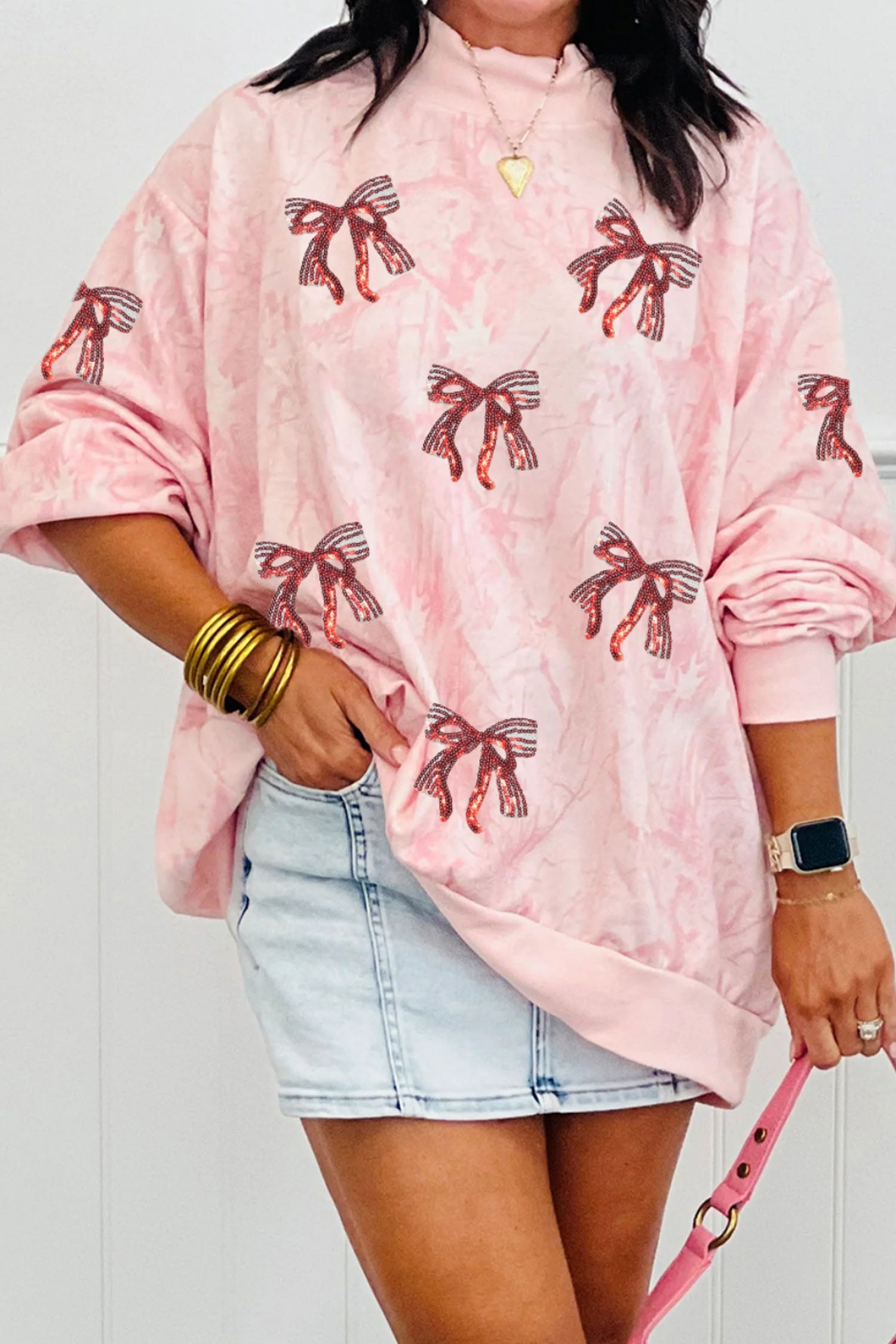 Pink Sequin Valentines Bow Patched Tie Dye Mock Neck Baggy Sweatshirt - Aaria Tees Aaria Tees