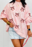 Pink Sequin Valentines Bow Patched Tie Dye Mock Neck Baggy Sweatshirt - Aaria Tees Aaria Tees