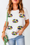White Sequined Mardi Gras Pattern Crew Neck Short Sleeve Top - Aaria Tees Aaria Tees