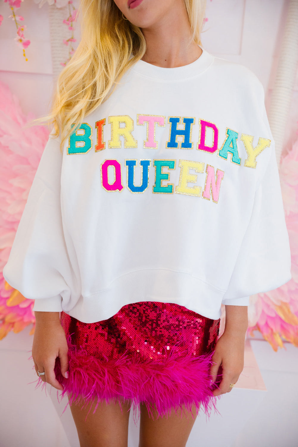 White BIRTHDAY QUEEN Graphic Balloon Sleeve Sweatshirt - Aaria Tees
