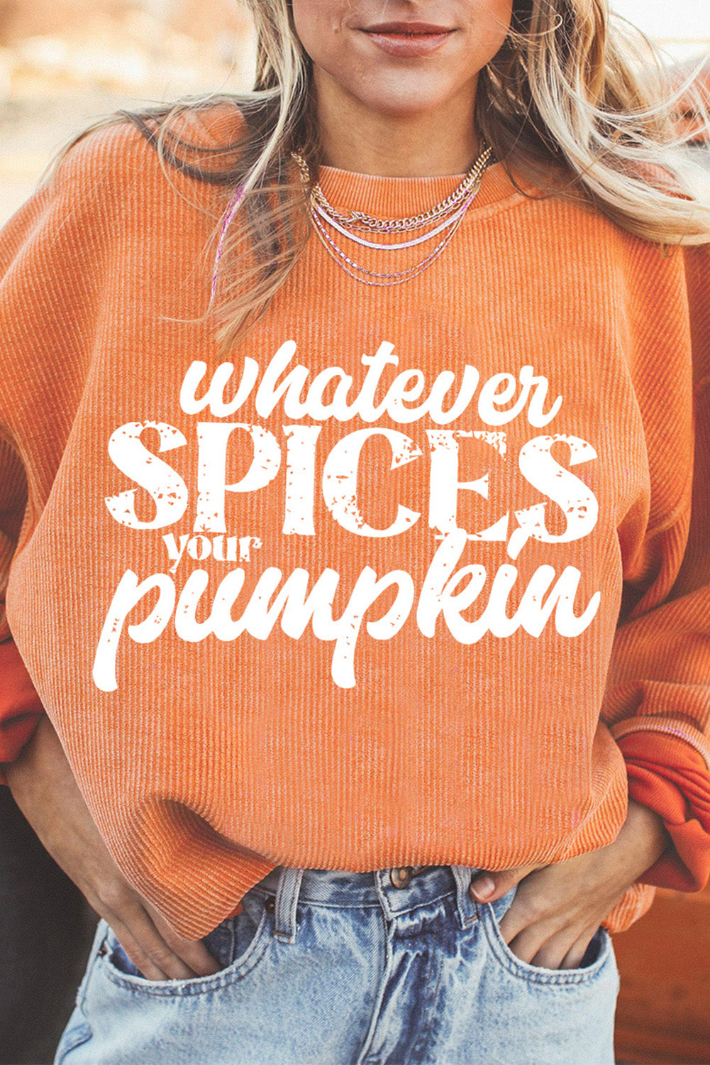 Orange Whatever Spices Your Pumpkin Graphic Corded Pullover Sweatshirt - Aaria Tees