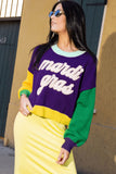Tillandsia Purple Colorblock Patchwork Fuzzy Mardi Gras Graphic Sweater - Aaria Tees Aaria Tees