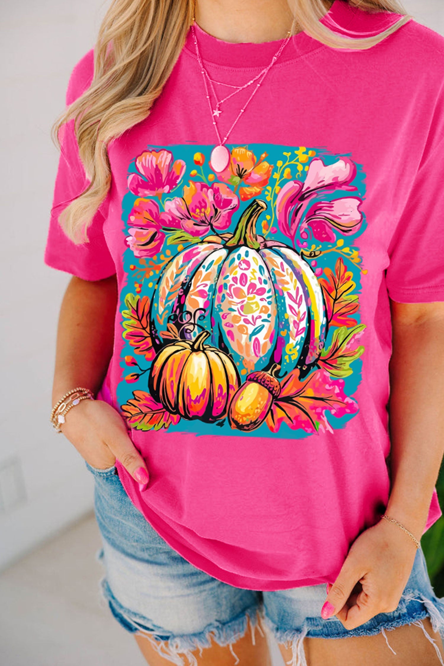 Rose Red Floral Pumpkin Graphic Print Crewneck Relaxed T-Shirt - Aaria Tees Aaria Tees