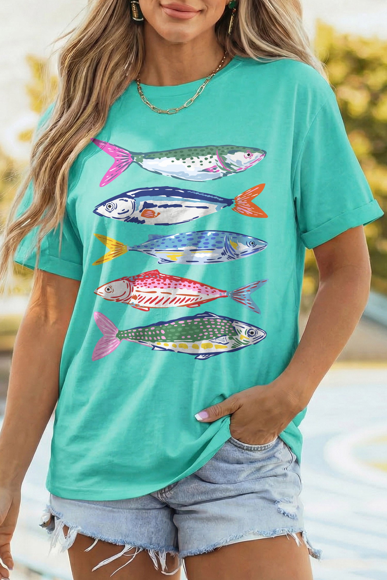 Mint Green Vibrant Fish Print Casual Short Sleeve T Shirt - Aaria Tees Aaria Tees