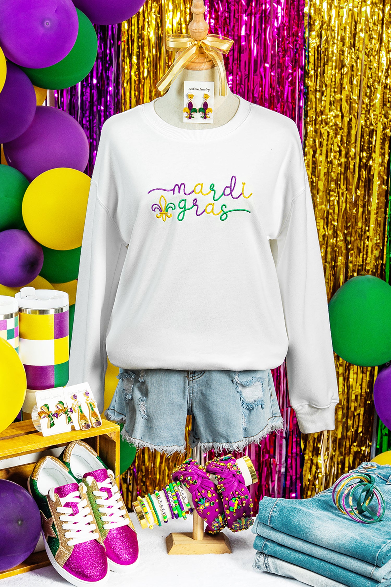 White mardi gras Fleur De Lis Embroidered Graphic Pullover Sweatshirt - Aaria Tees Aaria Tees