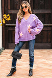 Lavendula Brushed Star Graphic V Neck Drop Shoulder Oversize Sweater Aaria Tees