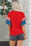 Fiery Red Sequin USA Lettering Patriotic Contrast Splicing Sleeve Top Aaria Tees