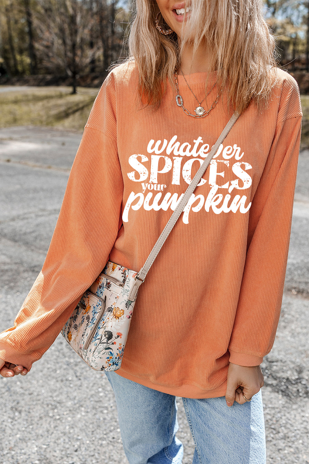 Orange Whatever Spices Your Pumpkin Graphic Corded Pullover Sweatshirt - Aaria Tees Aaria Tees