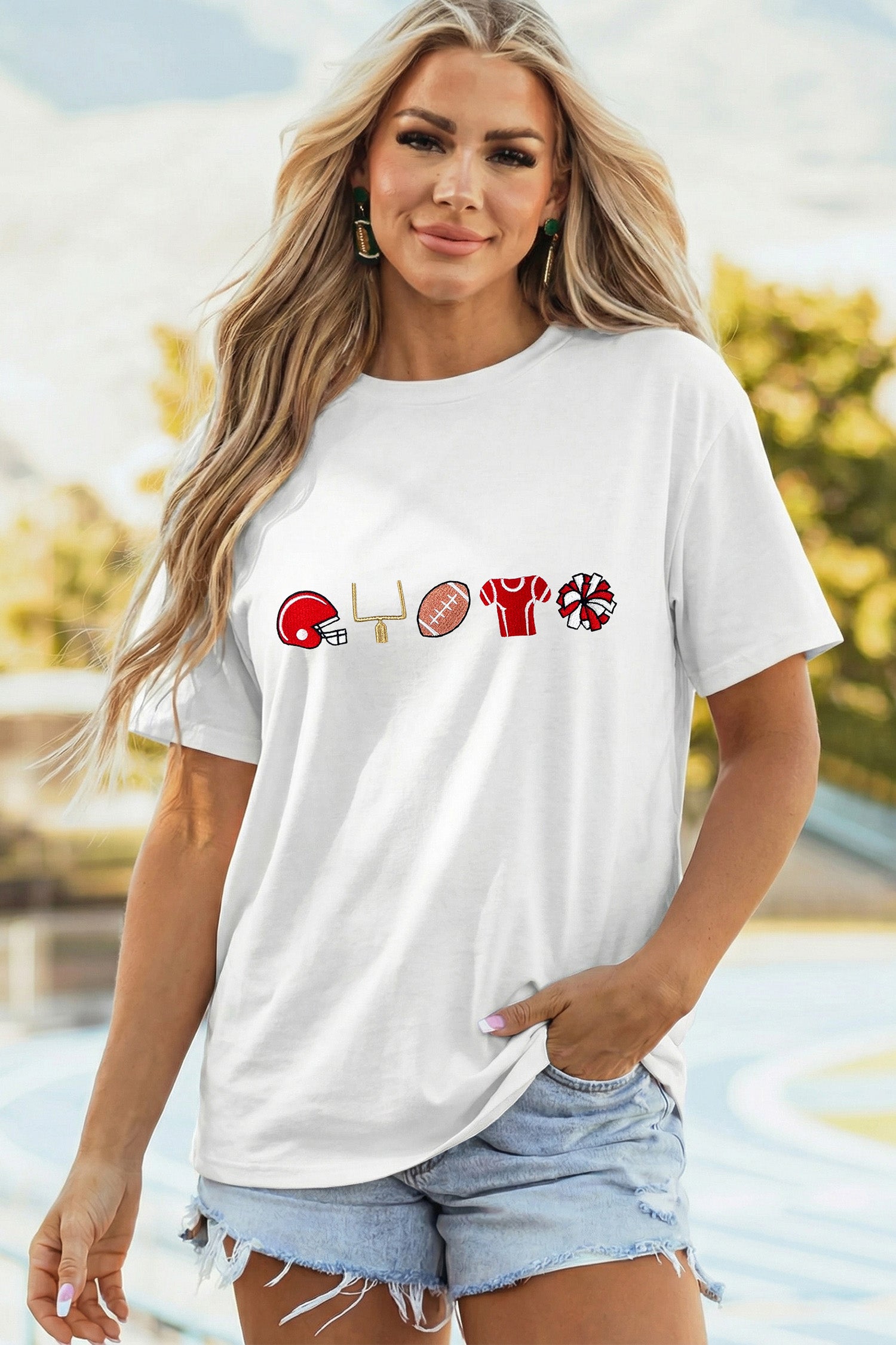White Embroidered Game Day Theme Football Graphic Tee - Aaria Tees Aaria Tees