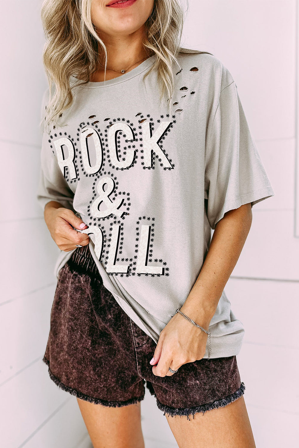 Gray Rock & Roll Graphic Distressed Vintage Tee - Aaria Tees Aaria Tees