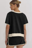 Black Sequin Rugby Football Bow Patched Colorblock Edge Tee and Skort Set Aaria Tees