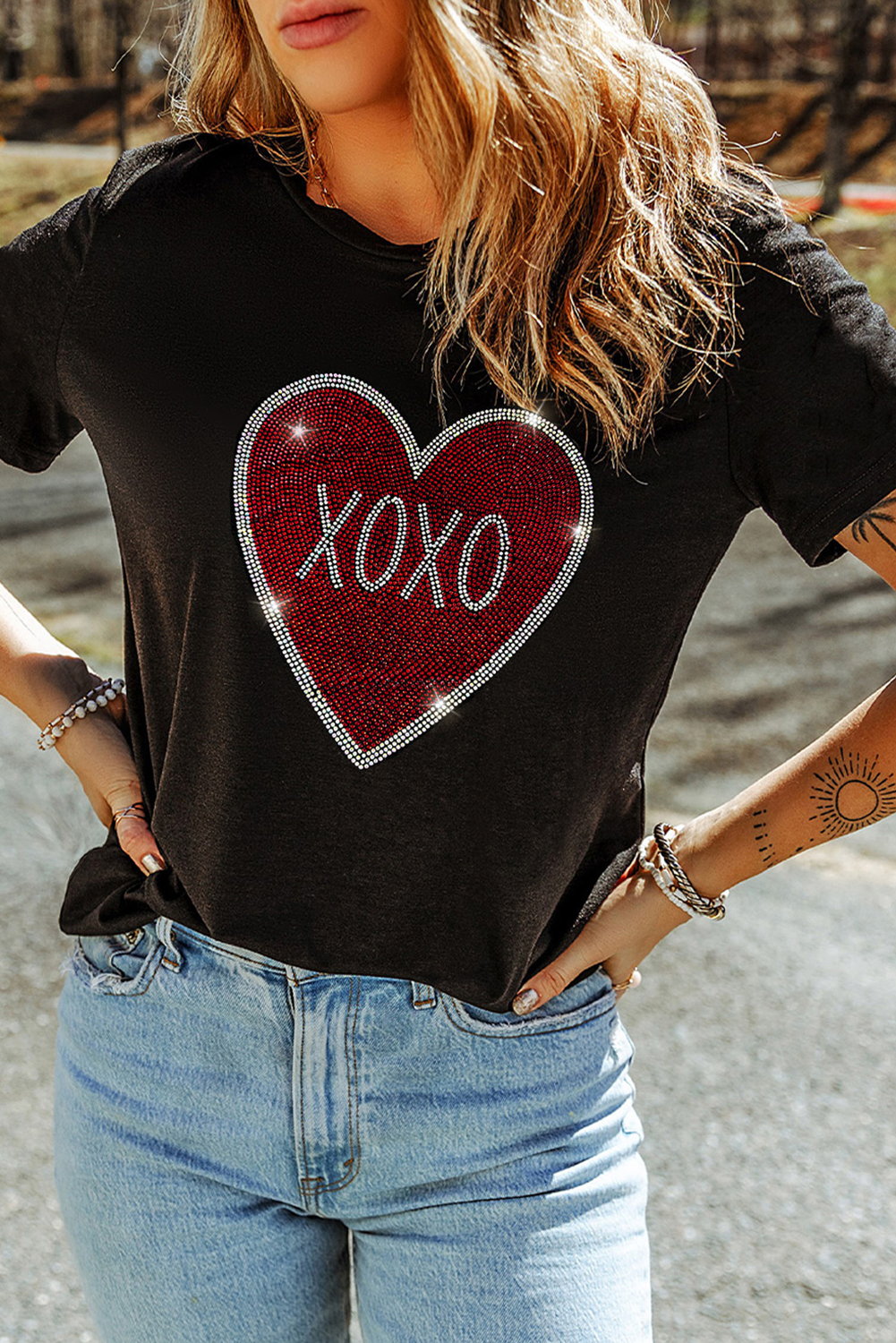 Black Rhinestone XOXO Heart Graphic Crewneck Tee - Aaria Tees Aaria Tees