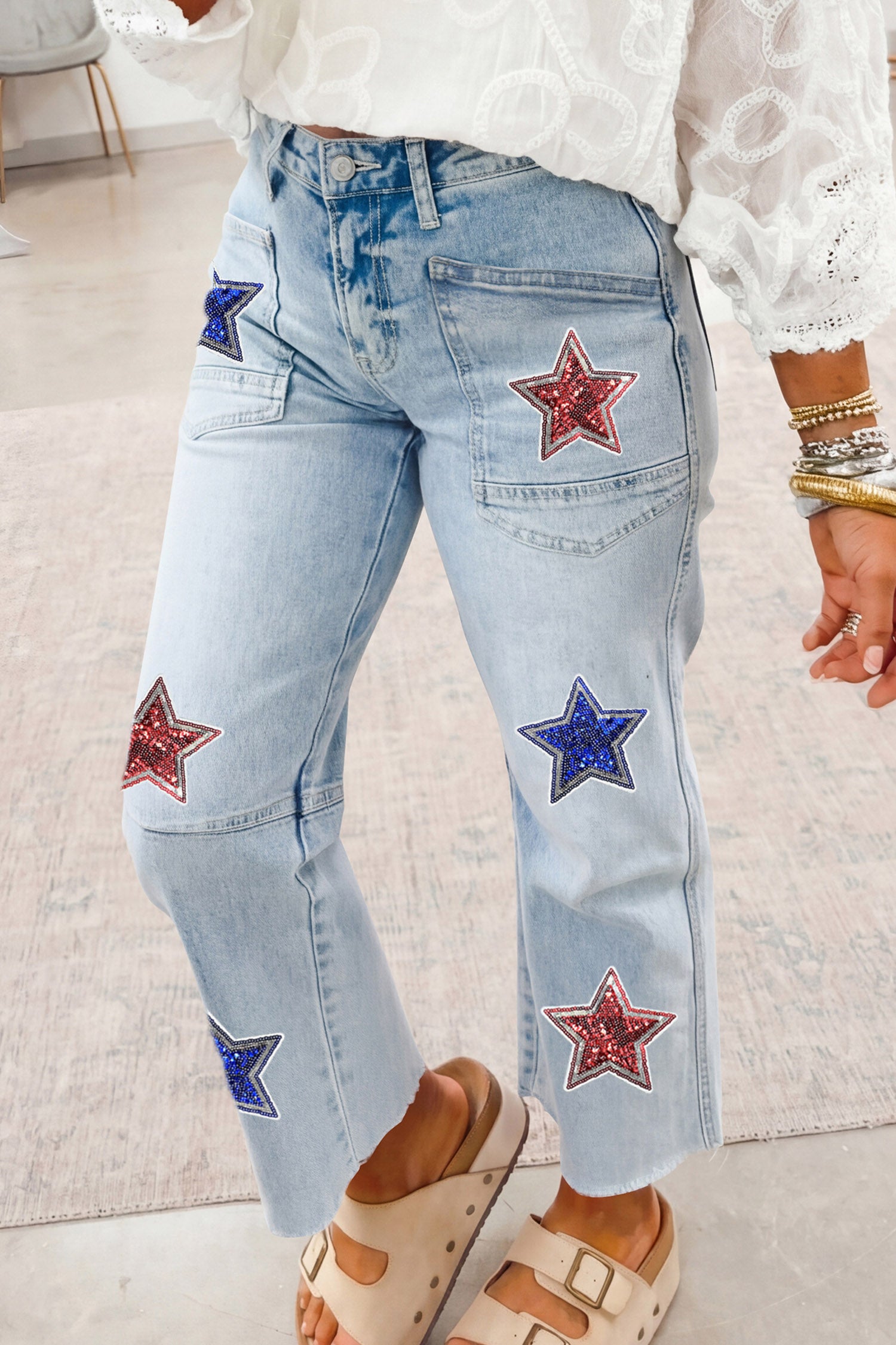 Beau Blue Patriotic Sequin Stars Patch Pocket Shift Jeans - Aaria Tees Aaria Tees