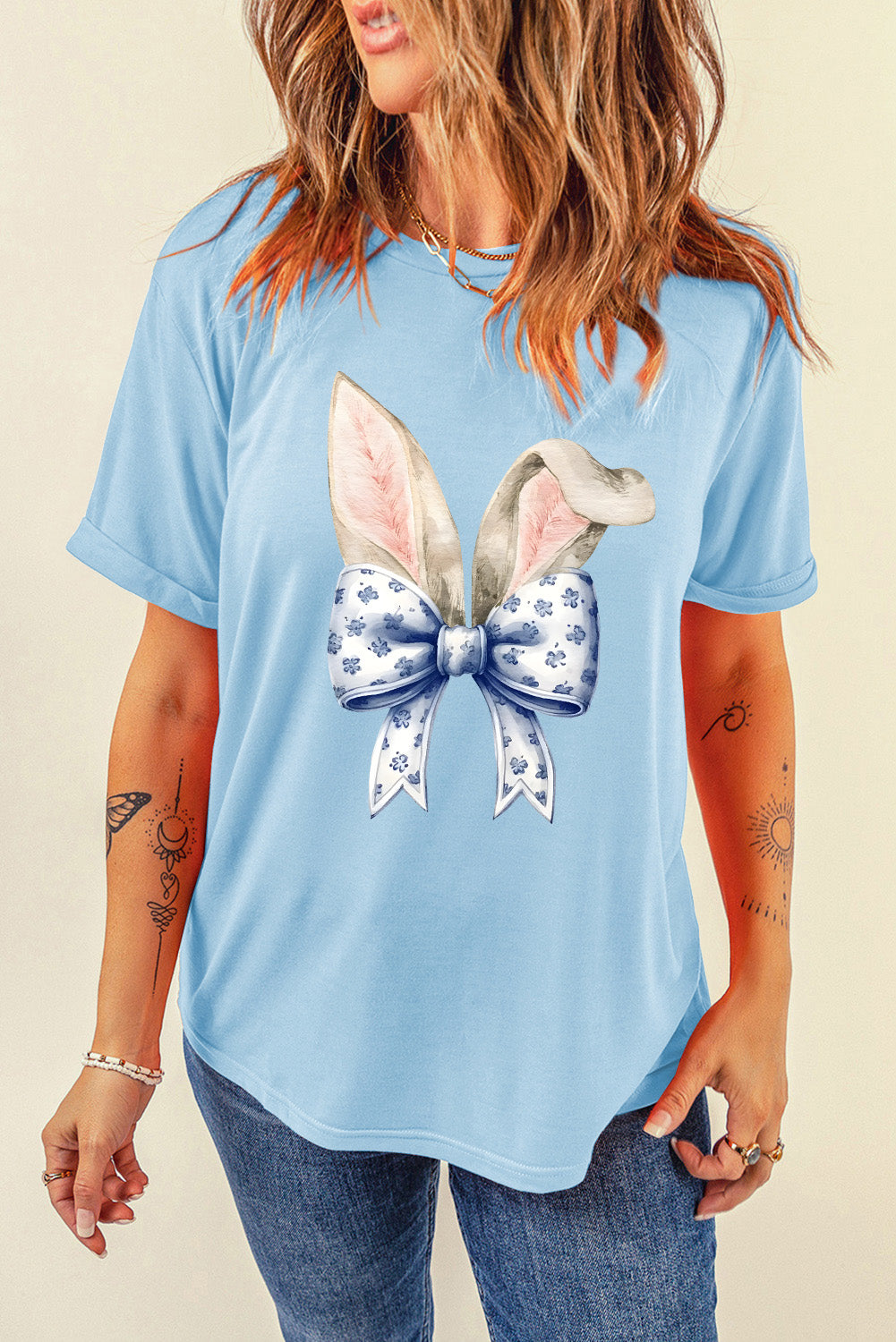Light Blue Easter Bunny Ears Coquette Bow Graphic Tee - Aaria Tees Aaria Tees