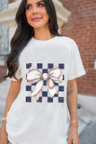 White Checkered Rugby Bowknot Graphic Crew T Shirt Aaria Tees