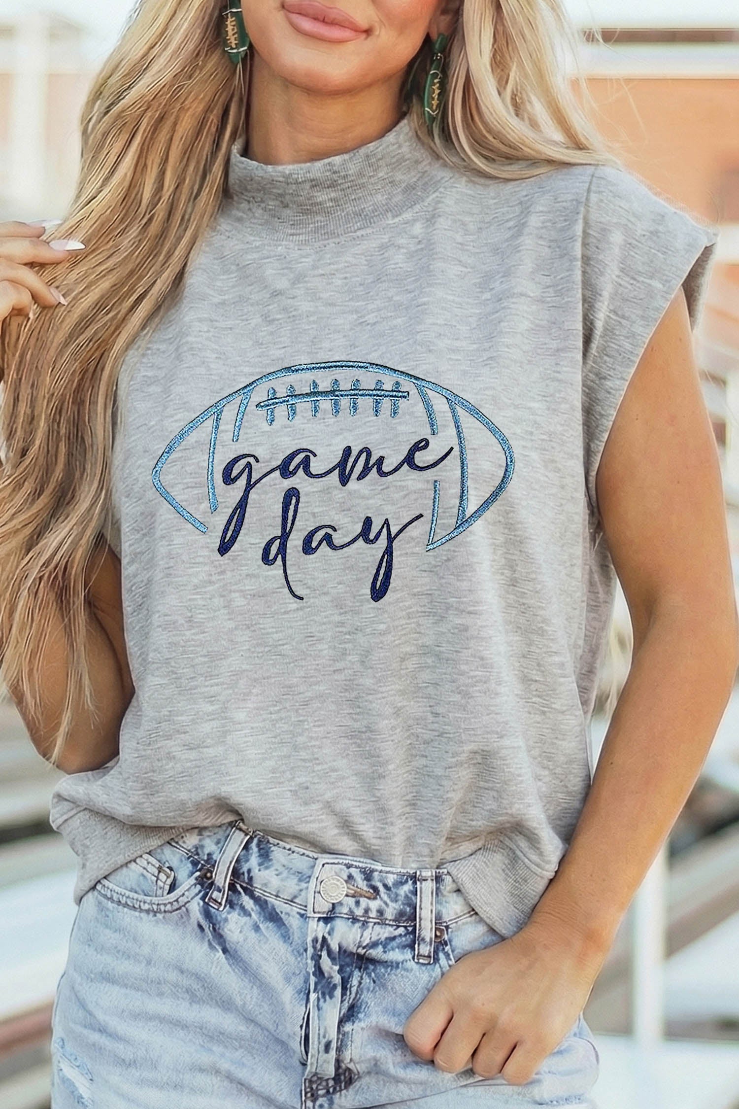 Light Grey Embroidered Game Day Football High Neck Short Sleeve Top - Aaria Tees Aaria Tees